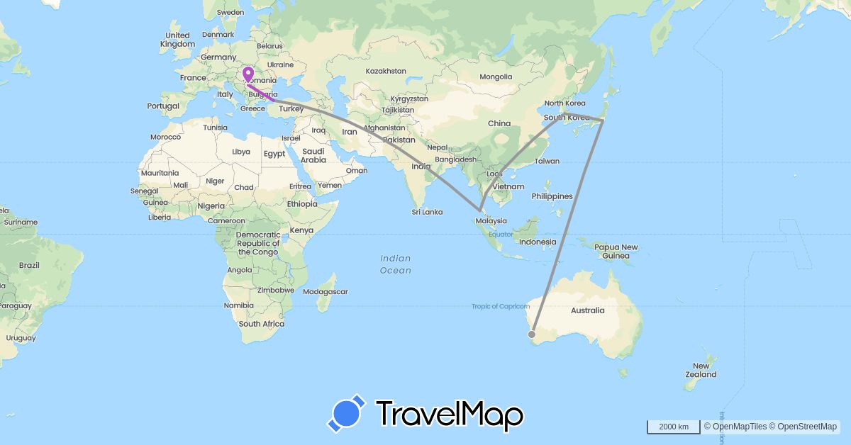 TravelMap itinerary: driving, plane, train in Australia, Japan, South Korea, Serbia, Thailand, Turkey, Vietnam (Asia, Europe, Oceania)